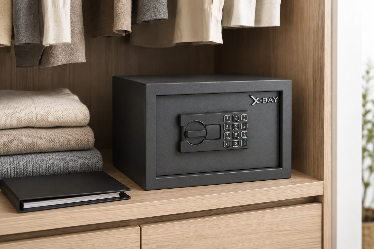 X-Bay XB-2500 çelik kasa evde dolap içinde kullanım görünümü