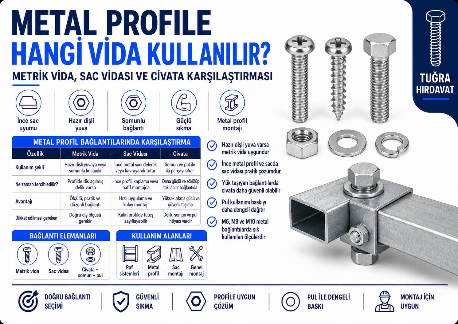 metal profil için metrik vida sac vidası ve civata karşılaştırması