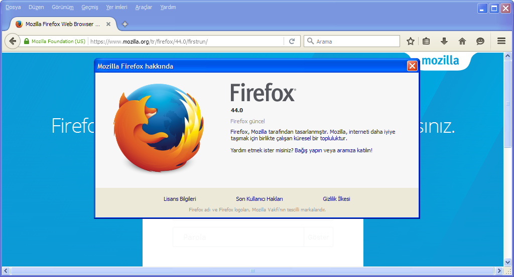 Mozilla Firefox 44 Final TR | Katılımsız