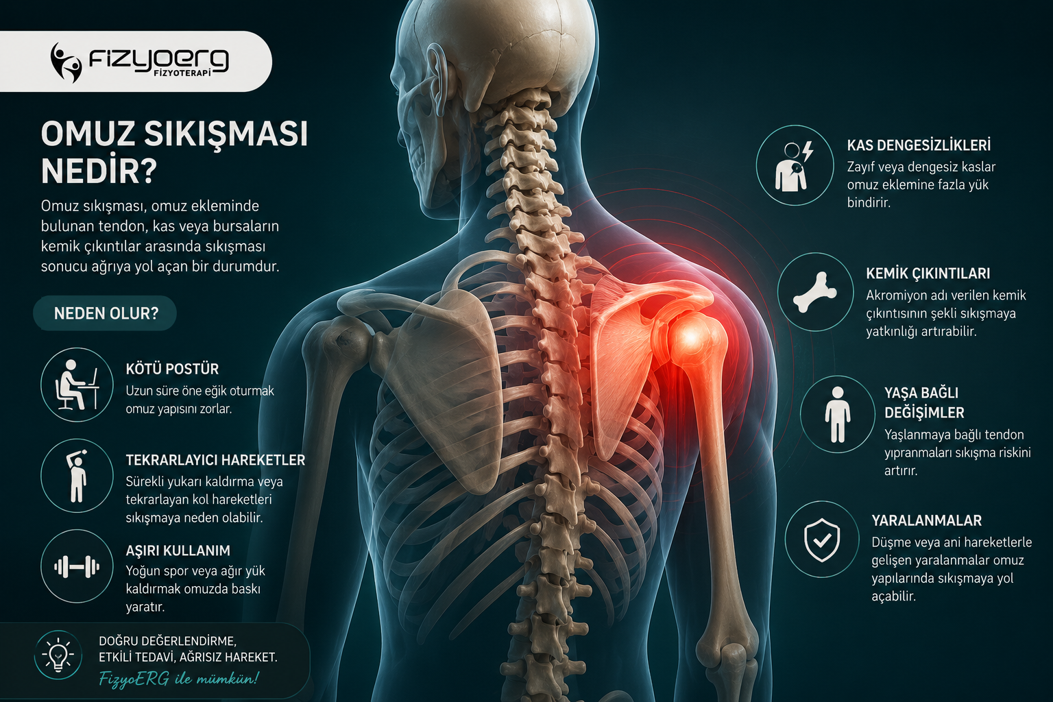 Omuz sıkışması nedir konulu, omuz ekleminde tendon sıkışması ve kırmızı ağrı sinyali gösteren FizyoERG tıbbi infografik görseli