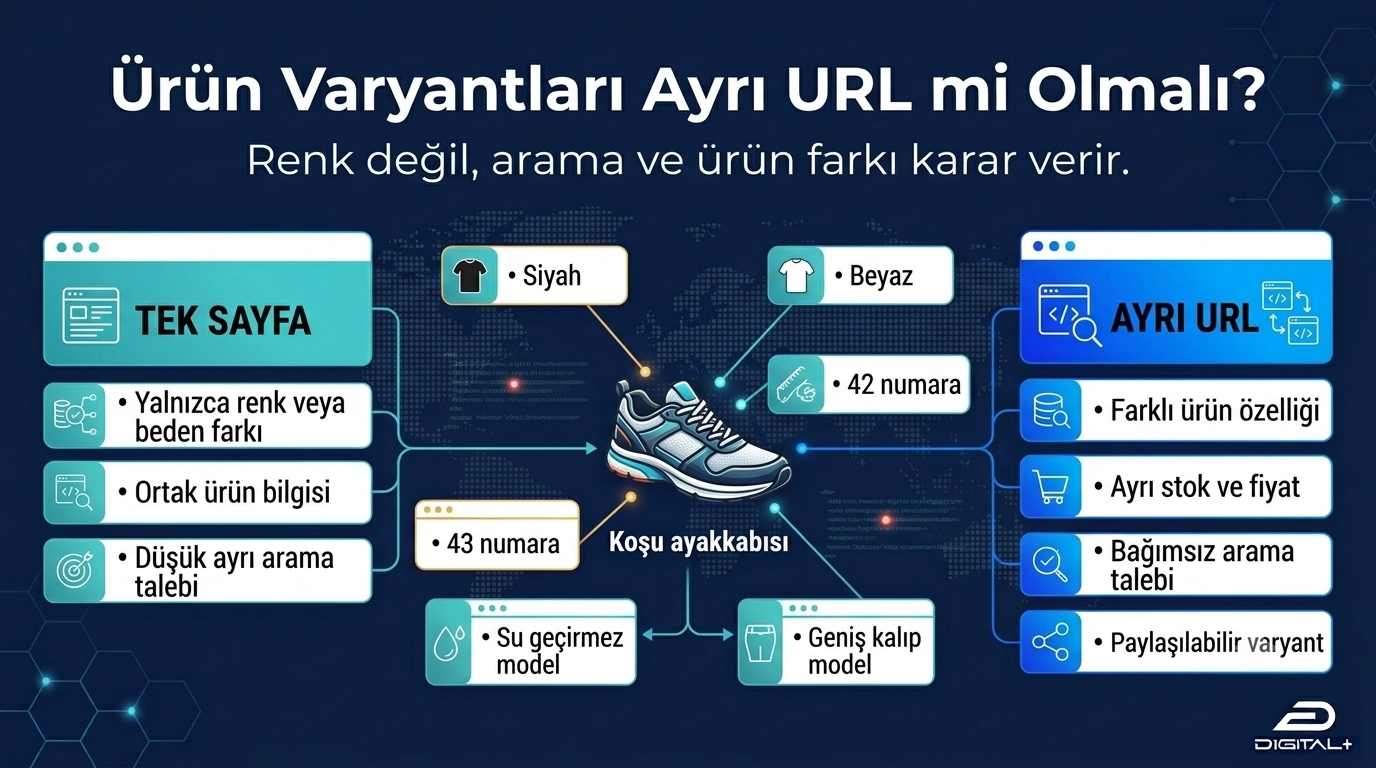 Ürün varyantları için tek sayfa ve ayrı URL kararında renk, beden, ürün farkı ve arama talebi karşılaştırması