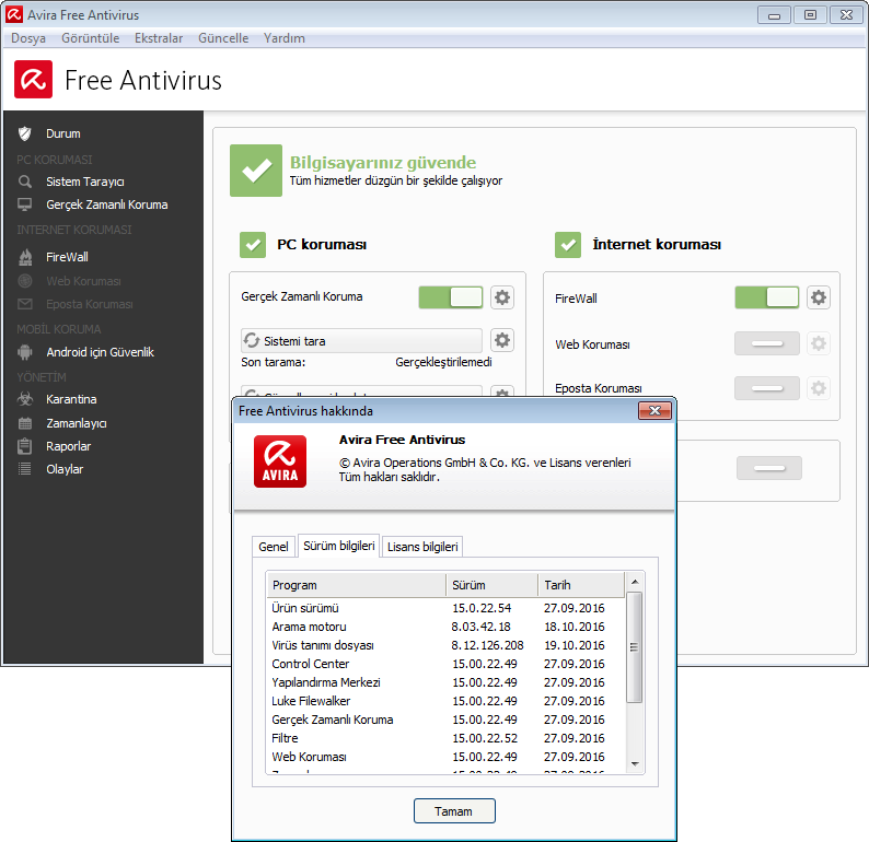 Avira Free Antivirus 15.0.22.54 TR (19.10.2016) | Katılımsız