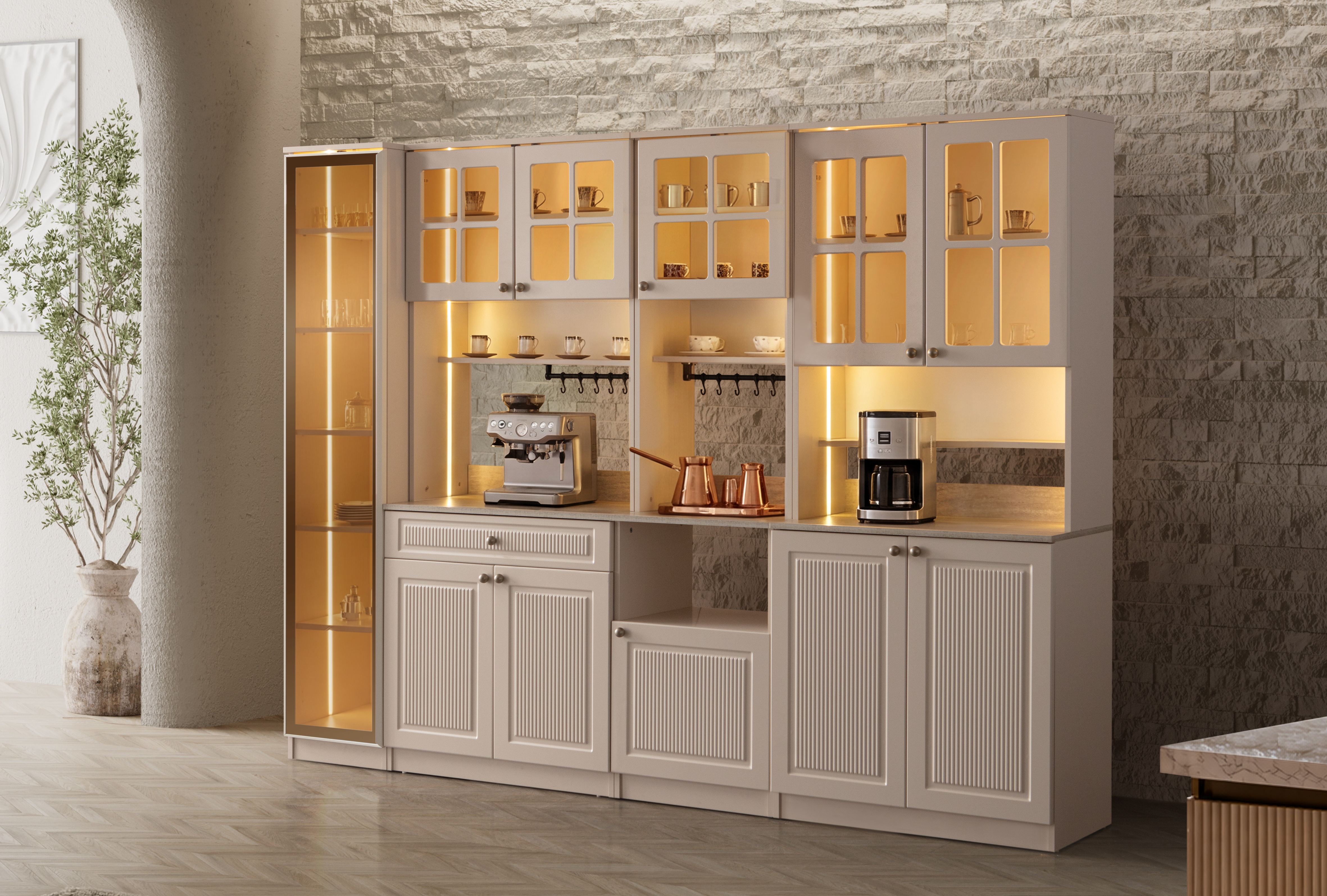 Belis Kahve Köşesi %100 MDF Mutfak Dolabı Camlı Çok Amaçlı Dolap Çekmeceli Tekli Erzak Fırınlı Modüllü Ledli Raflı 4 modüllü