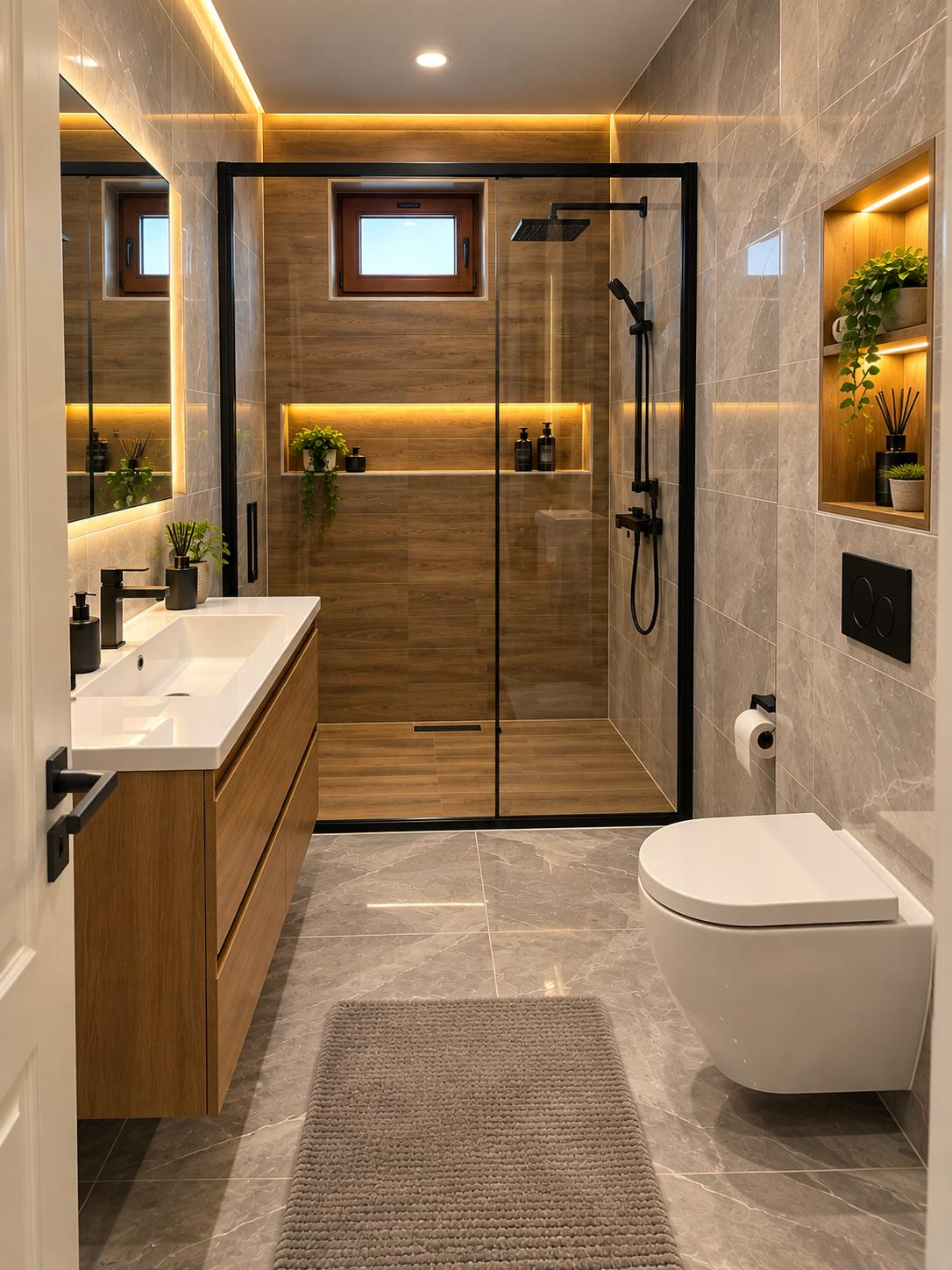 Ahşap ve mermer detaylı modern banyo uygulaması
