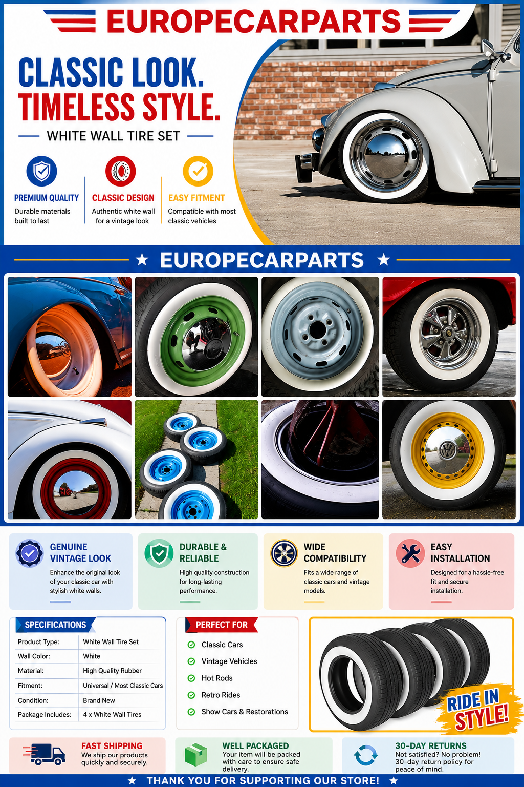 EUROPECARPARTS White Wall Tire Set