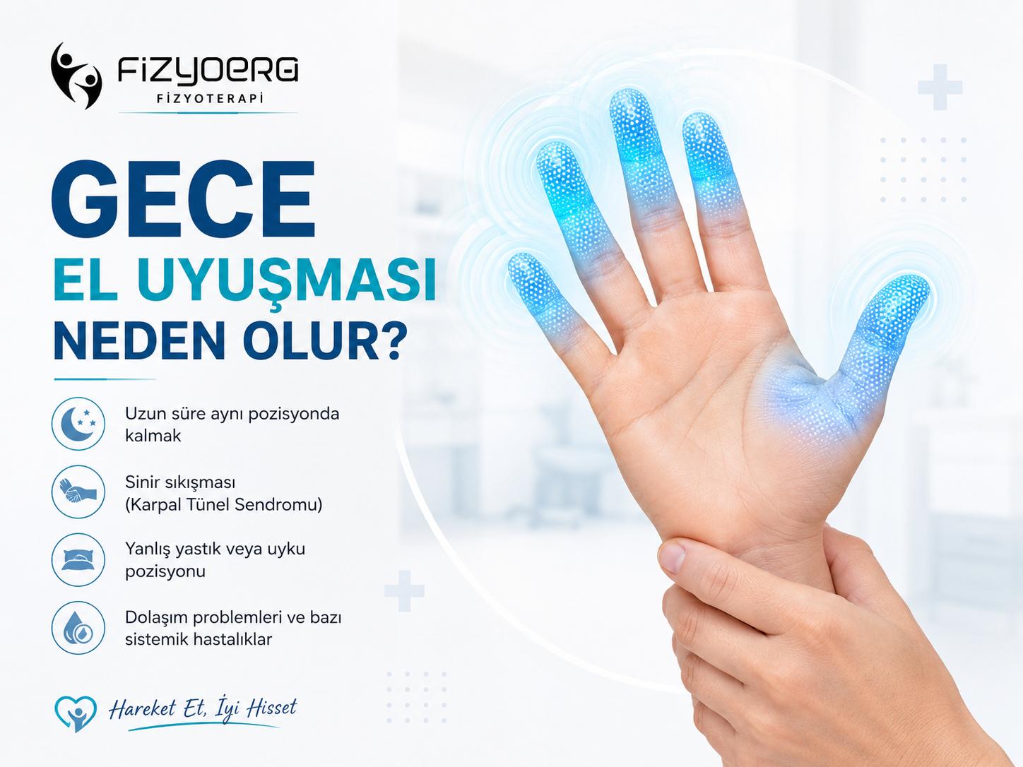 Gece el uyuşması neden olur - uyku pozisyonu ve sinir sıkışması ilişkisini anlatan FizyoERG bilgilendirme görseli