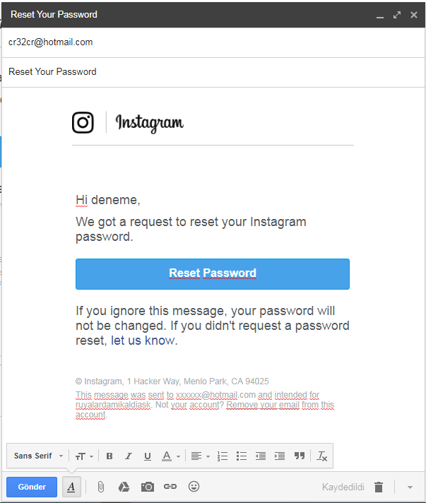 Email instagram. Скриншот канала и почты фейковый.