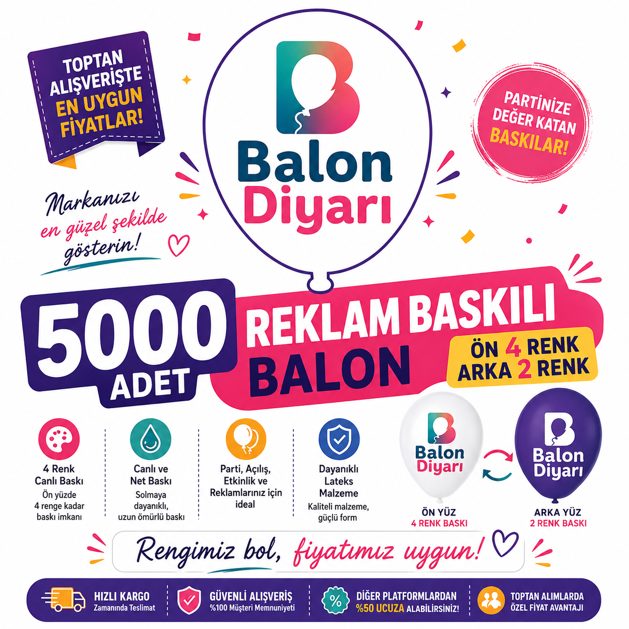 5000 Adet Reklam Baskılı Balon — Ön 4 / Arka 2 Renk