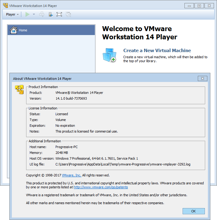 VMware Workstation Player 14.1.2 Build 8497320 (x64) | Katılımsız