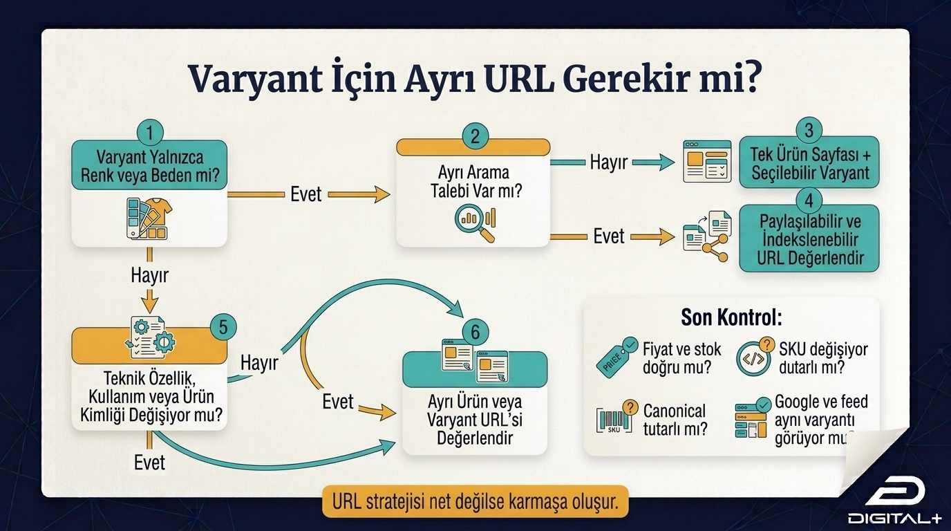 Ürün varyantı için ayrı URL kararını arama talebi, teknik özellik, fiyat, stok, SKU ve canonical üzerinden değerlendiren karar ağacı
