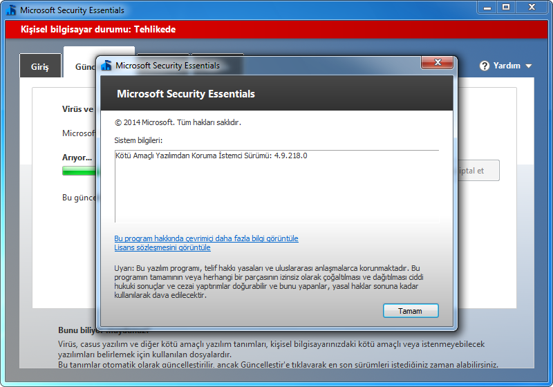 Microsoft Security Essentials 4.9.0218.0 TR | Katılımsız