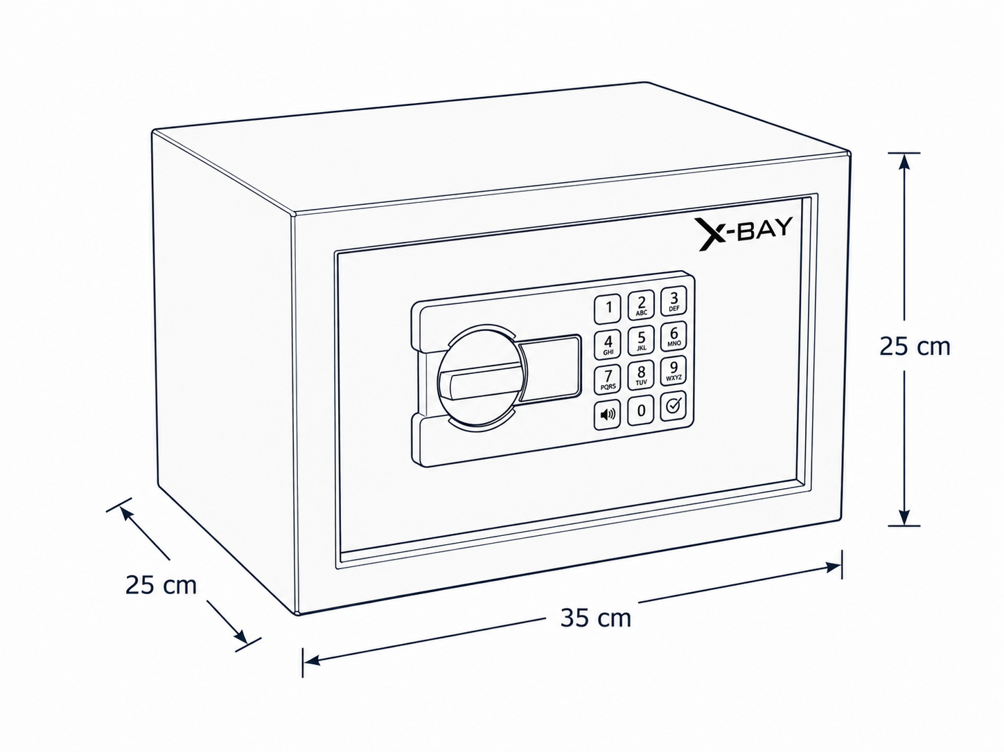 X-Bay XB-2500 teknik çizimi; 35 cm genişlik, 25 cm yükseklik ve 25 cm derinlik