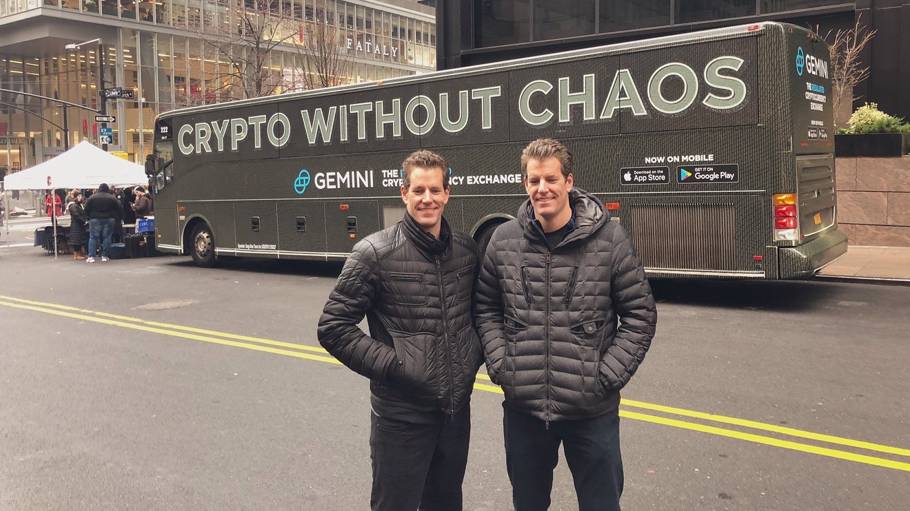 The Winklevoss twins with the Gemini bus in New York City, Source: MarketWatch/Twitter