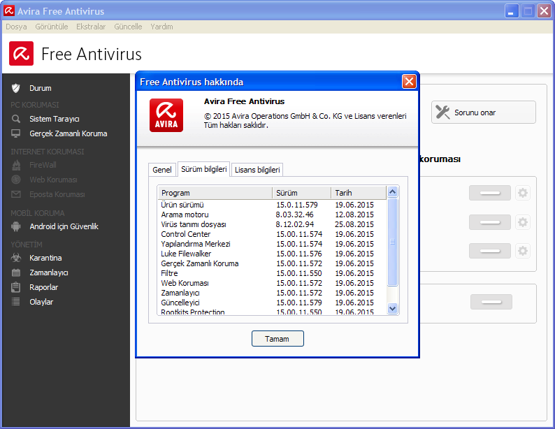 Avira Free Antivirus 2015 15.0.11.579 TR (25.08.2015) | Katılımsız