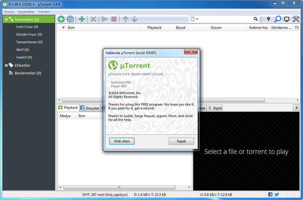 µTorrent 3.4.9 Build 43085 | Katılımsız