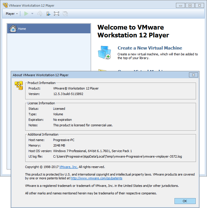 VMware Workstation Player 12.5.7 Build 5813279 (x64) | Katılımsız