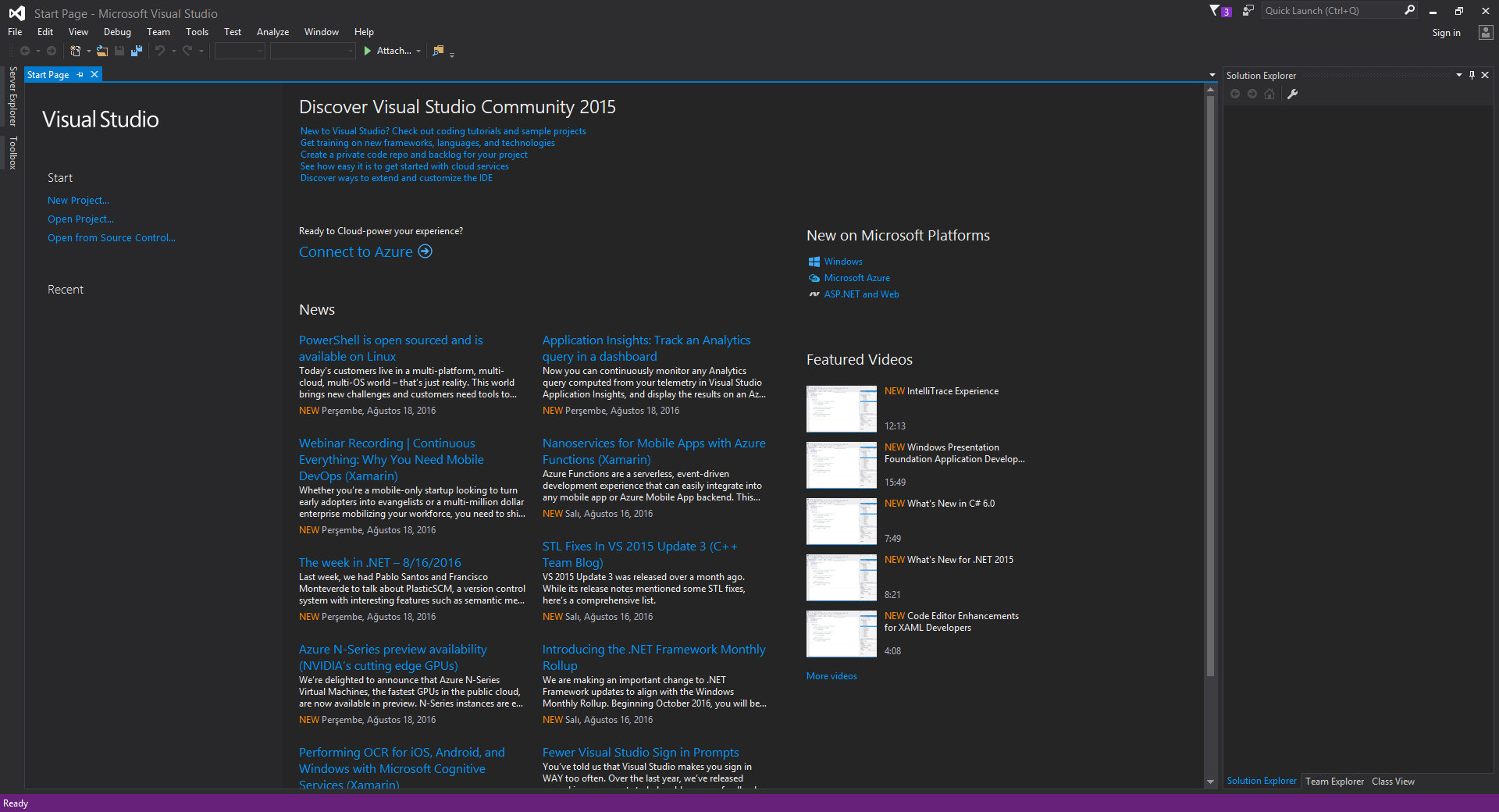 Visual Studio Açılış Sayfası