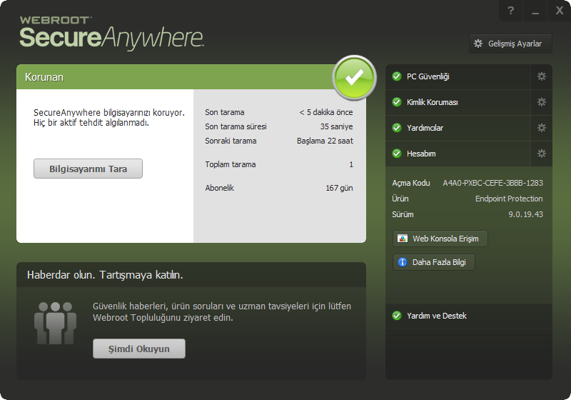 Webroot SecureAnywhere 9.0.19.43 | Katılımsız