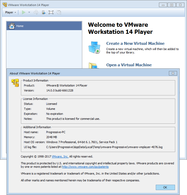 VMware Workstation Player 14.0.0 Build 6661328 (x64) | Katılımsız