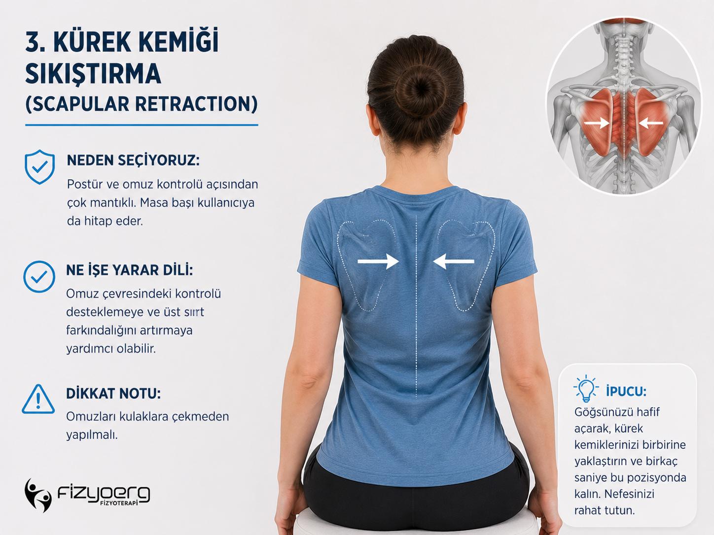 Omuz kontrolü için kürek kemiği sıkıştırma hareketi