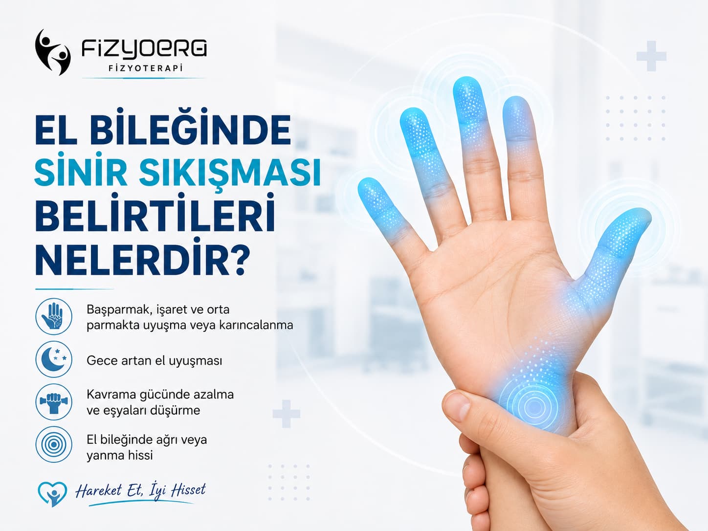 El bileğinde sinir sıkışması belirtilerini gösteren klinik bilgilendirme görseli