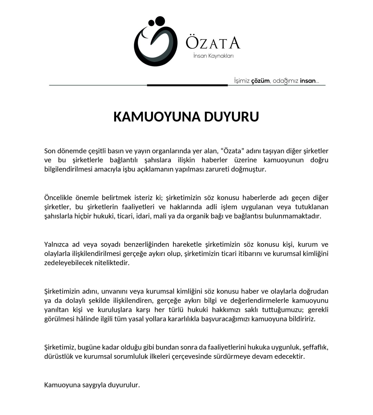 Özata Danışmanlık duyurusu