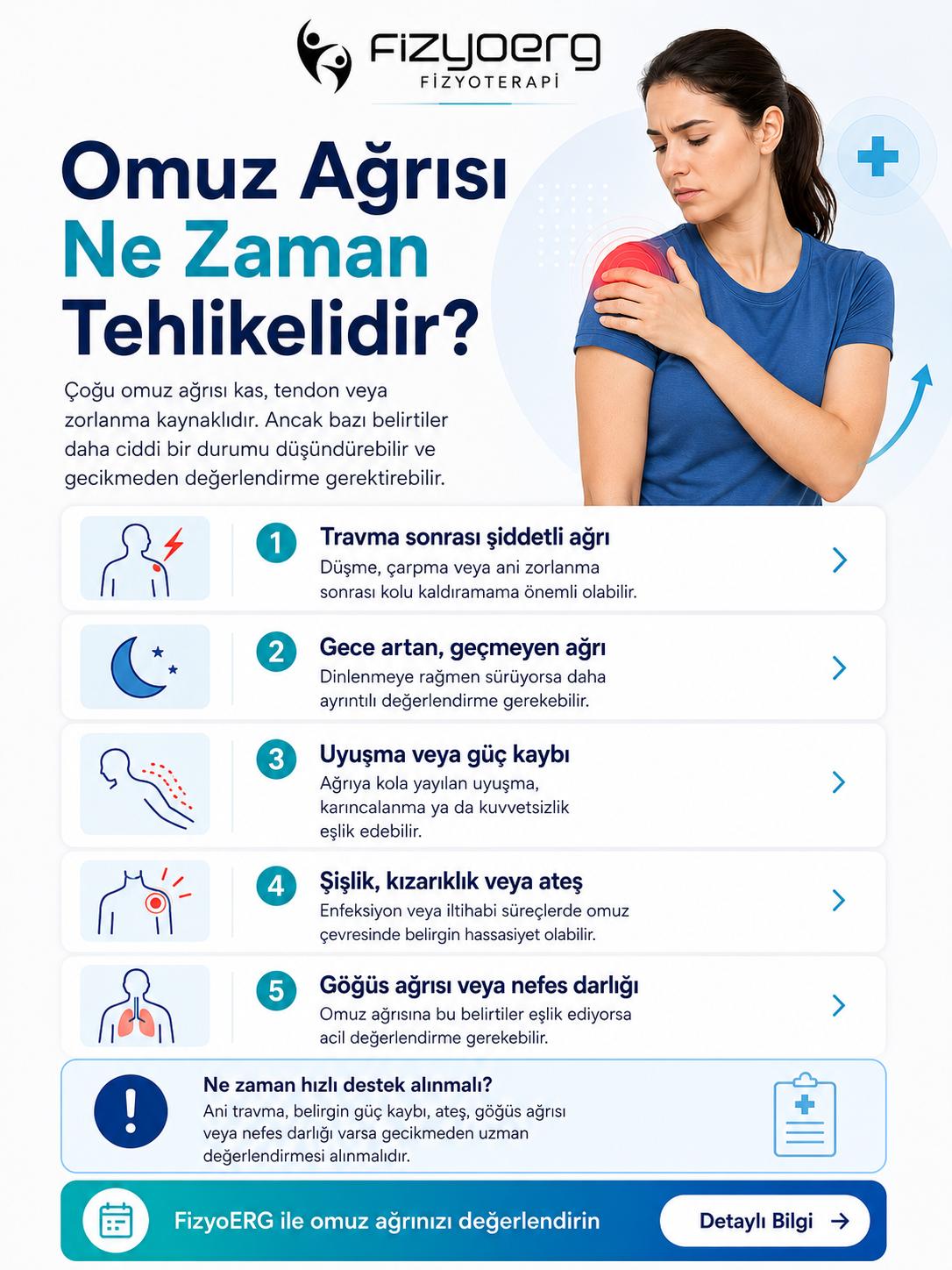 Omuz ağrısında dikkat edilmesi gereken belirtiler; gece ağrısı, güç kaybı, uyuşma ve kola yayılan ağrı