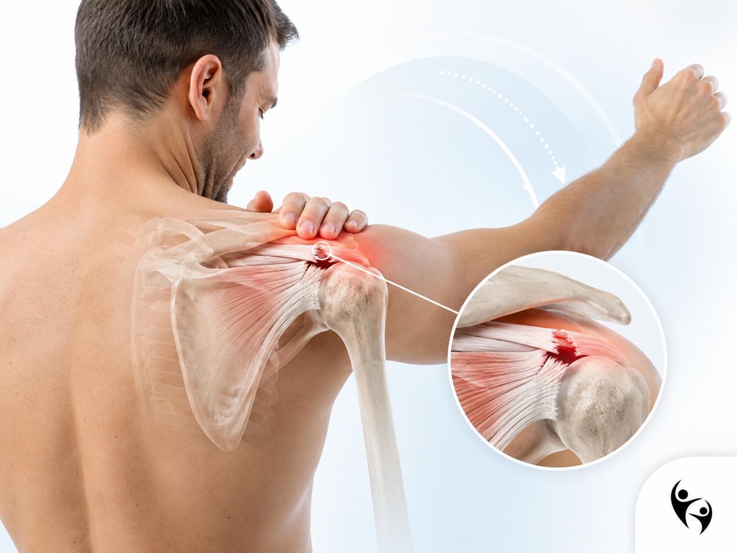 Rotator cuff yırtığı nedeniyle omuz tendonunda oluşan hasarı, ağrı bölgesini ve kol hareket kısıtlılığını gösteren FizyoERG tıbbi görseli