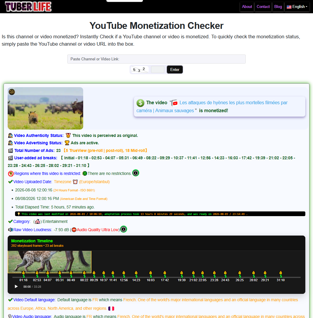 Tuberlife Youtube Video monetization checker