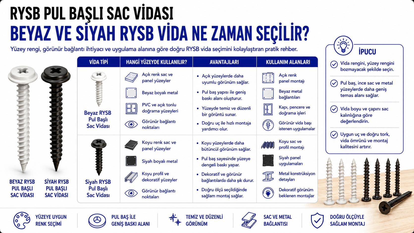 Beyaz ve siyah RYSB pul başlı sac vidası seçeneklerinin açık ve koyu yüzeylerde kullanım farkını gösteren teknik karşılaştırma görseli