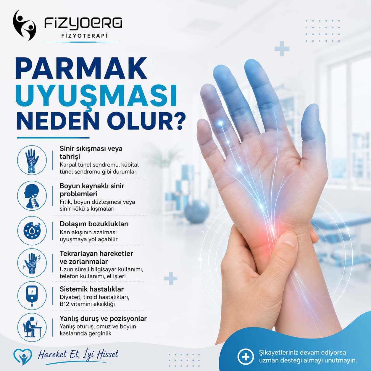 Parmak uyuşması ve el bileği kaynaklı karıncalanmayı gösteren FizyoERG klinik bilgilendirme görseli