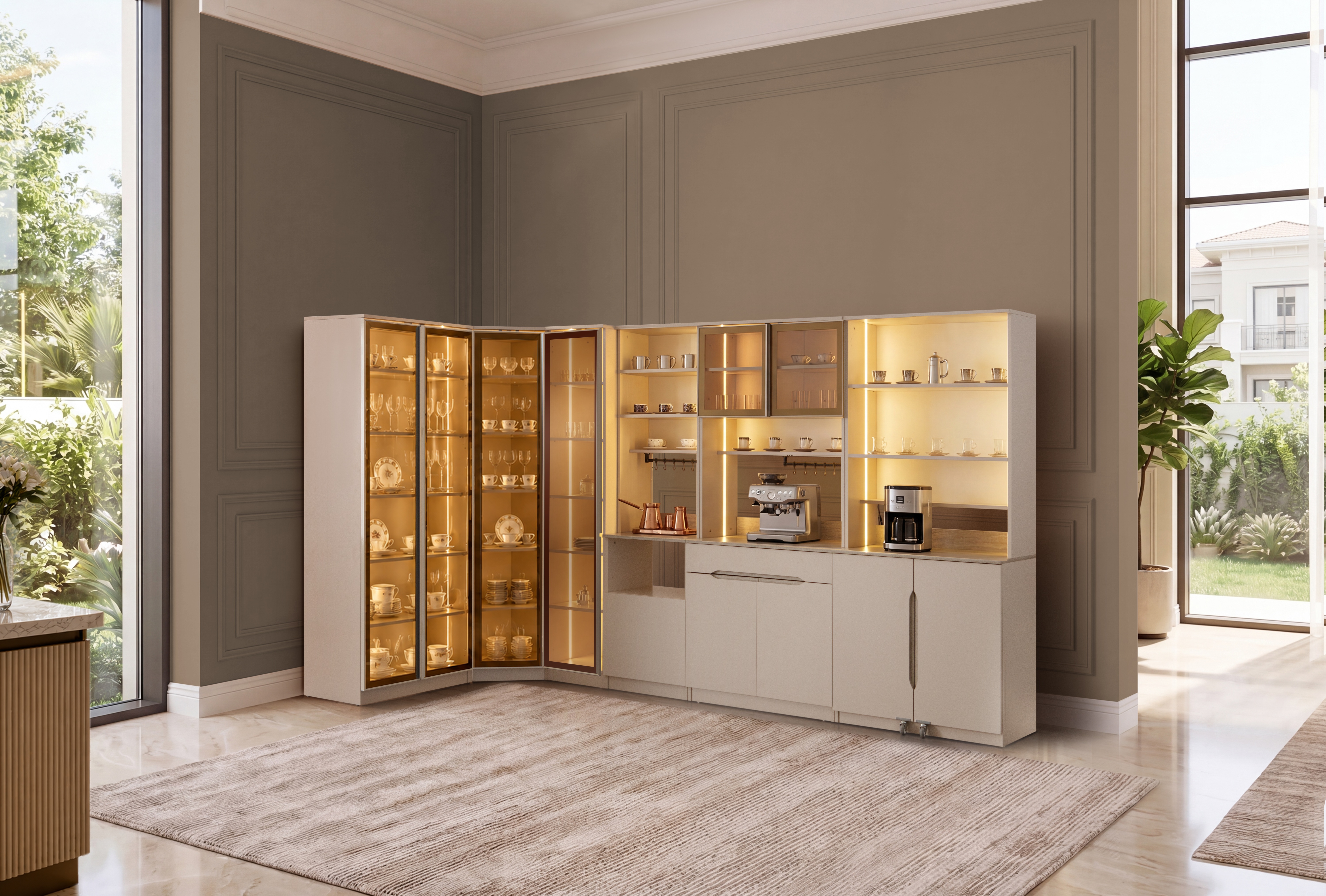 Linda Kahve Köşesi %100 MDF Mutfak Dolabı Camlı Çok Amaçlı Dolap Köşe Tam Set Modüllü Ledli Raflı 6 modüllü