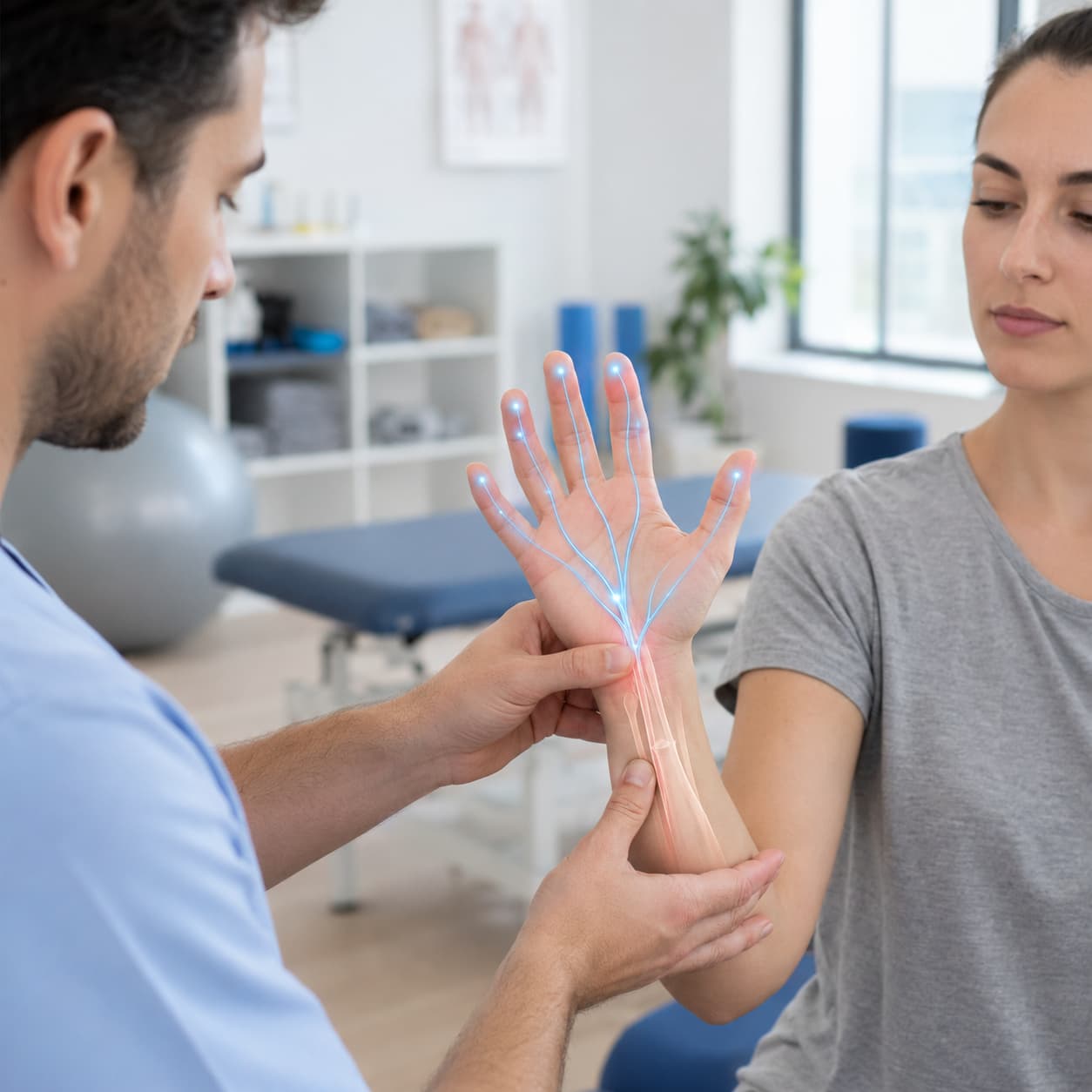 El bileği ağrısı ve sinir sıkışması ayrımını gösteren FizyoERG klinik değerlendirme görseli