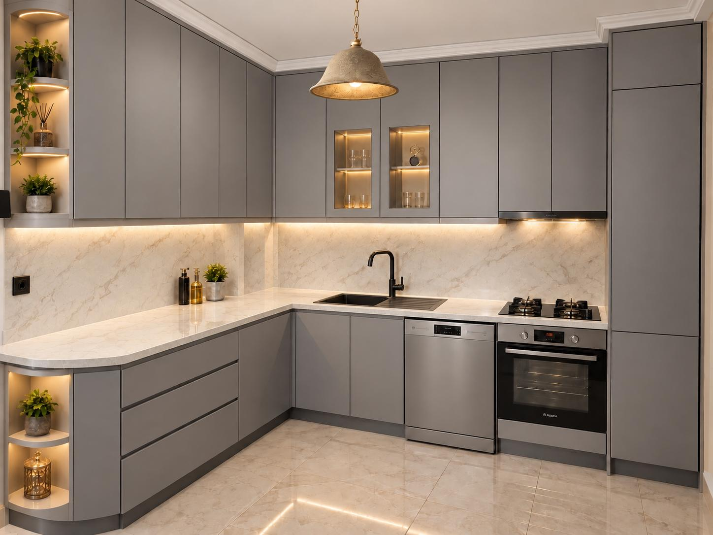 Gri dolaplı modern mutfak uygulaması