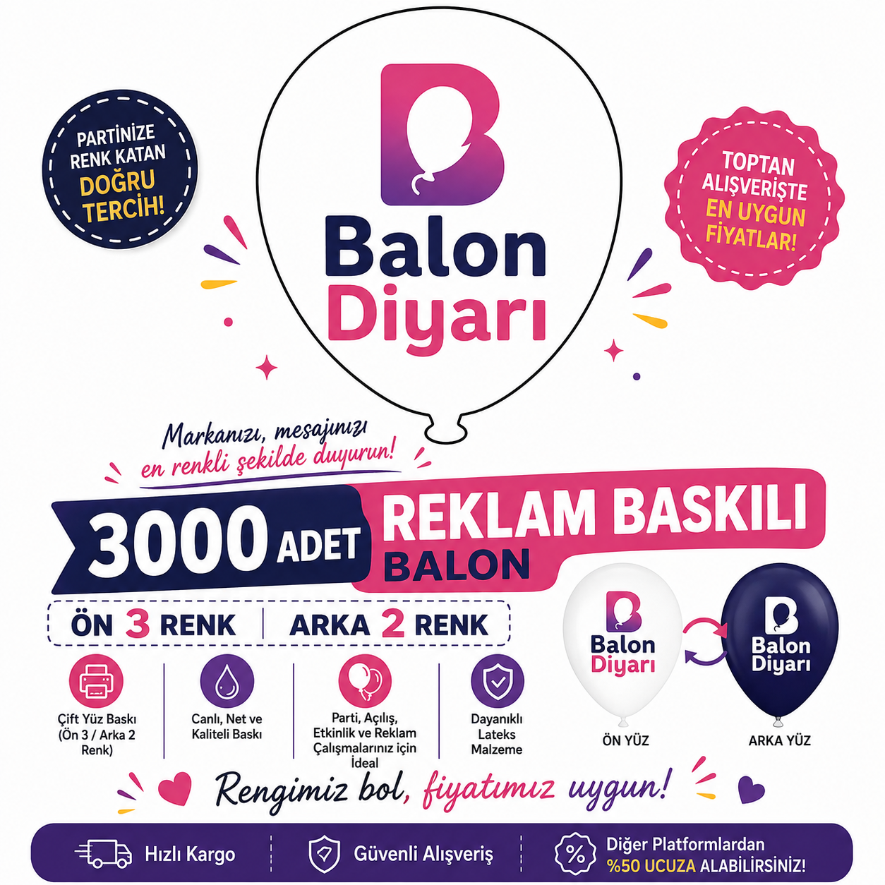 3000 Adet Reklam Baskılı Balon — Ön 3 / Arka 2 Renk