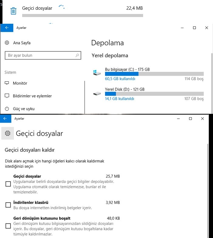 Windows Disk Azalama Sorunu Çözümü Geçici Dosyaları Silme Windows 10
