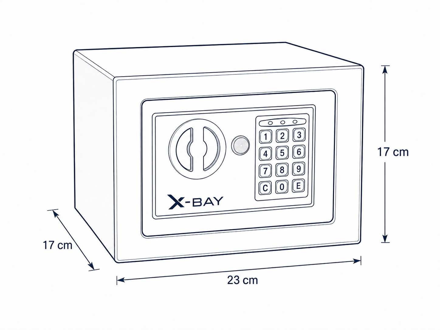 X-Bay logolu XB-1700 teknik çizimi; 23 cm genişlik, 17 cm yükseklik ve 17 cm derinlik