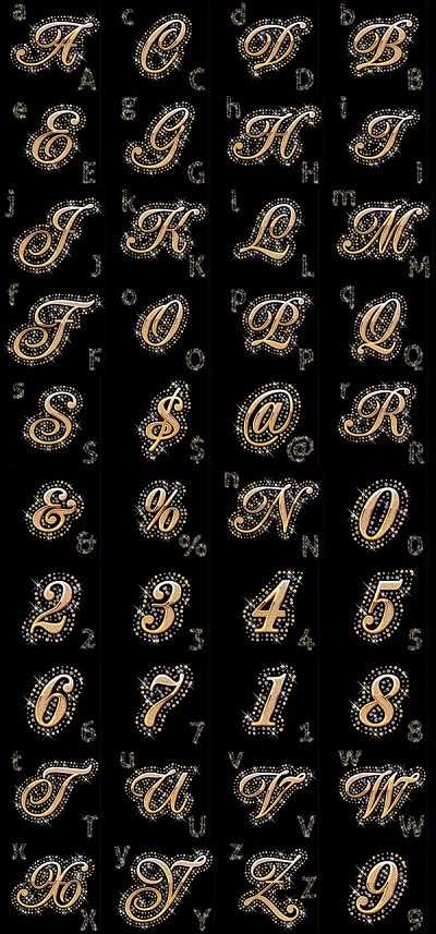 Diamond Gold Alphabet with Numbers - I