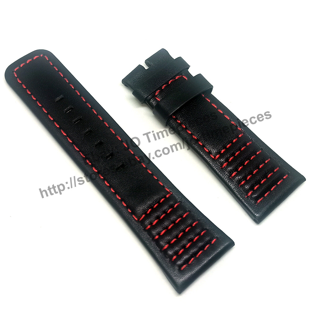 28mm Black Leather - Red Stitch Watch Band Strap Compatible For Seven Friday