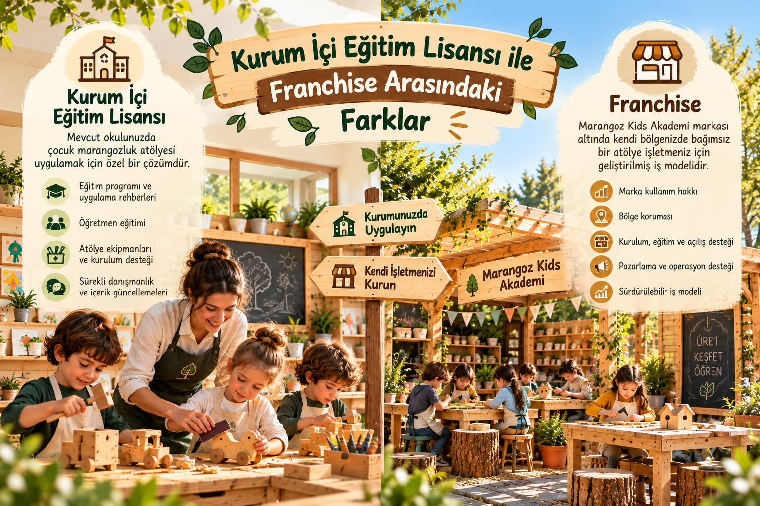 Kurum içi eğitim lisansı ile franchise arasındaki farkları gösteren Marangoz Kids Akademi görseli