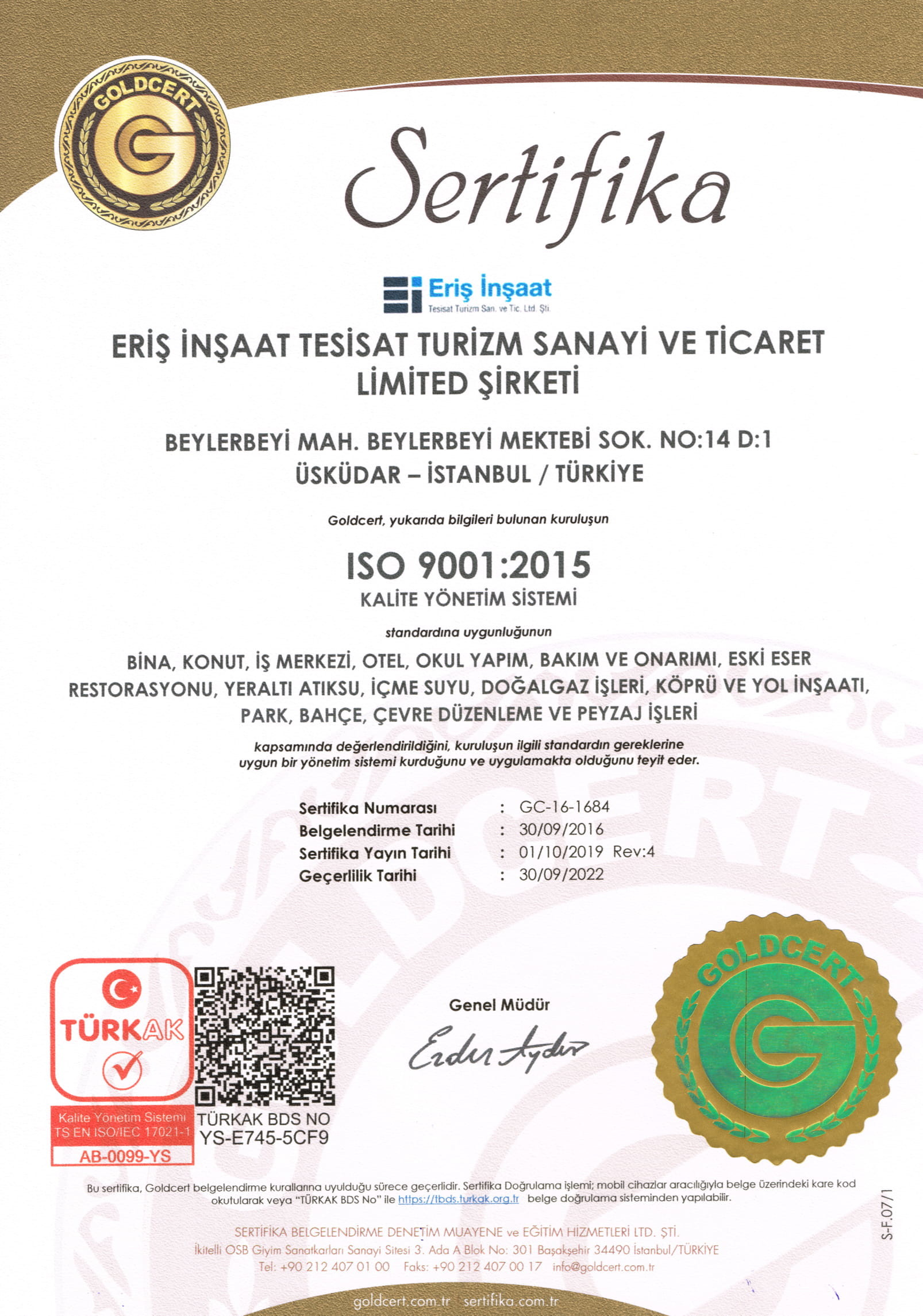 ISO 9001 2015 Kalite Yönetim Sistemi Belgesi