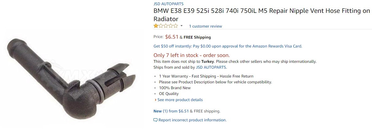 JSD Repair Nipple Vent Hose Fitting on Radiator for BMW E38 E39 525i 528i 740i 750iL M5 