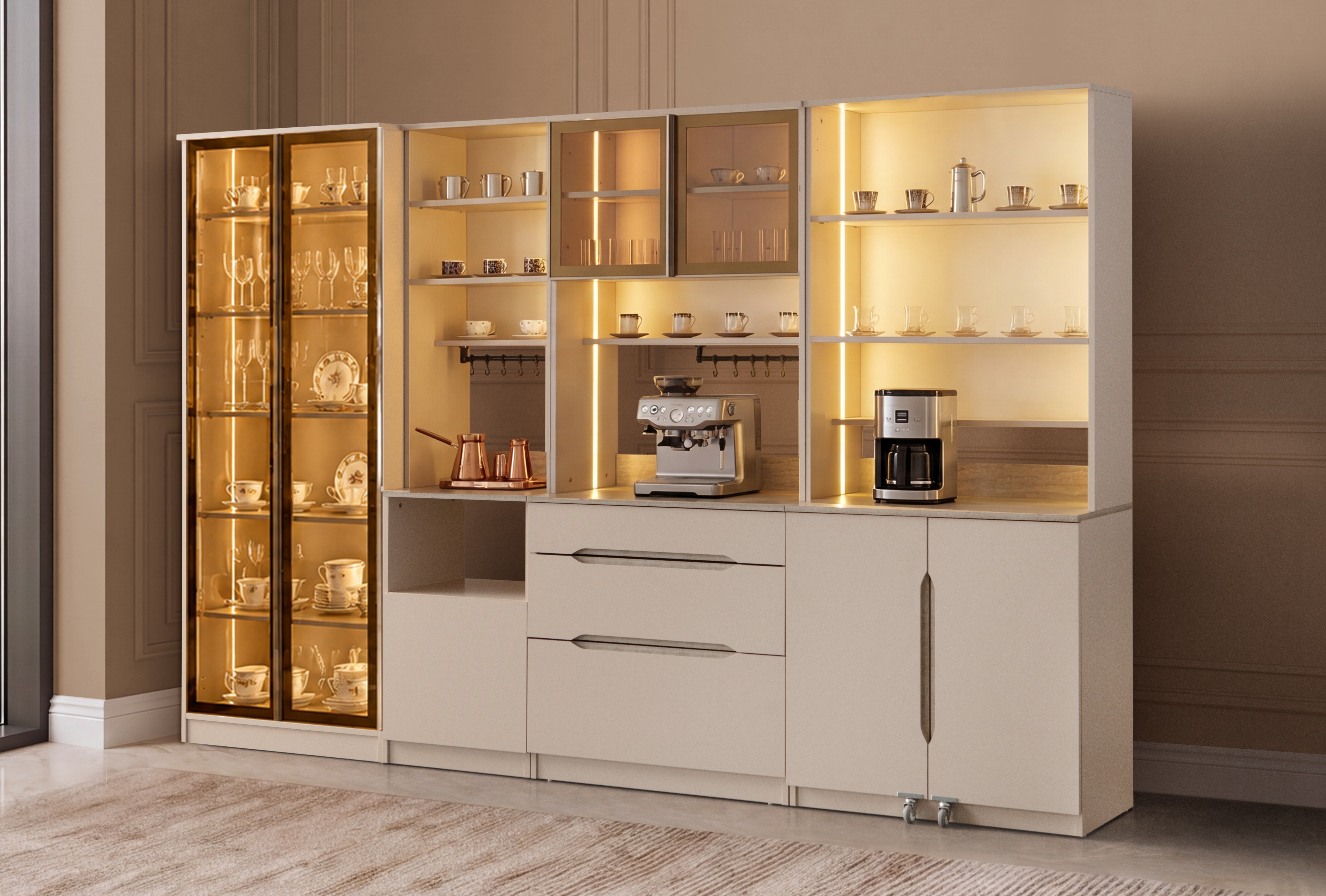 Linda Kahve Köşesi %100 MDF Mutfak Dolabı Camlı Çok Amaçlı Dolap Çekmeceli Çerçeve Erzak Fırınlı Modüllü Ledli Raflı 4 modüllü