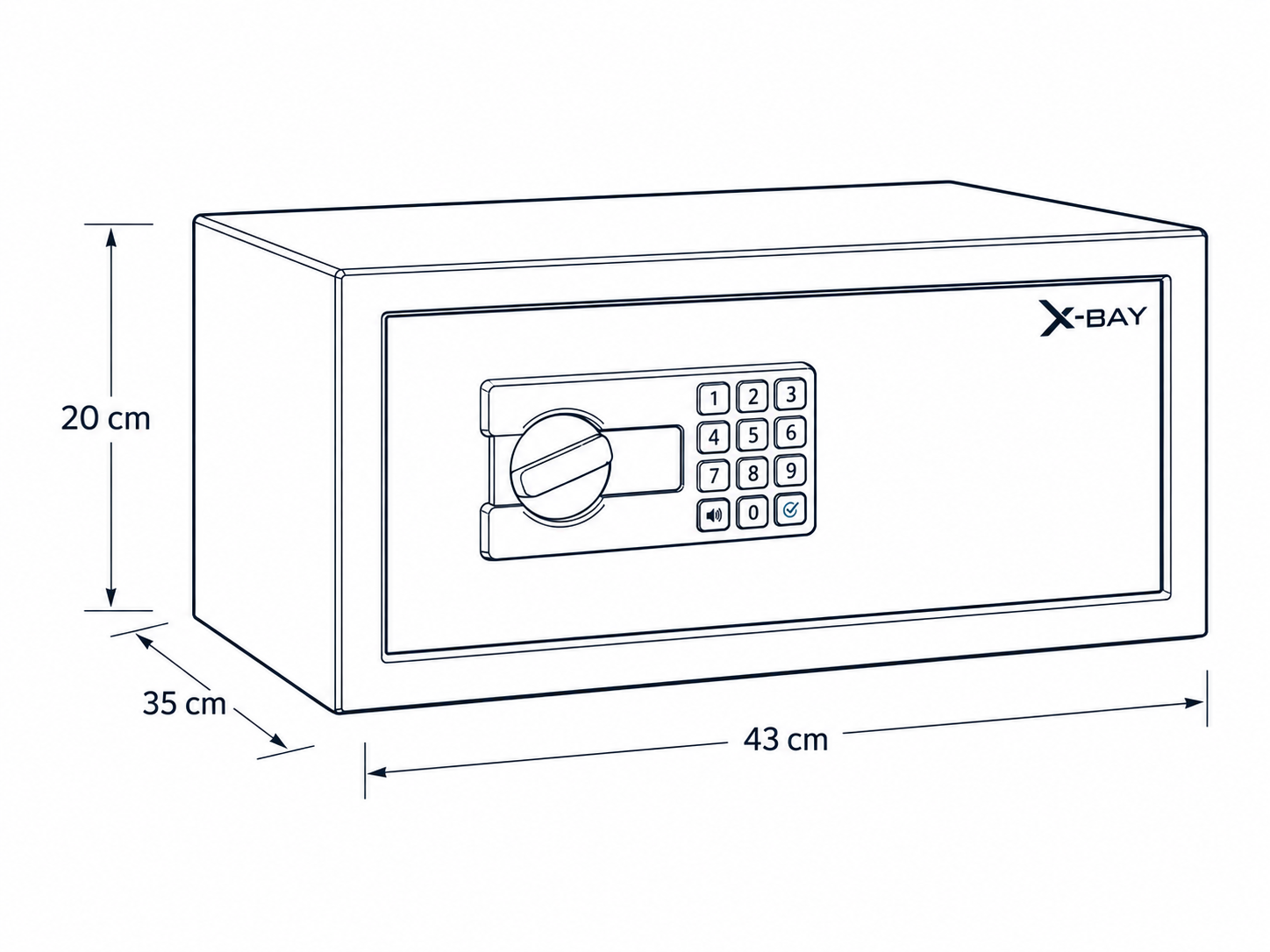 X-Bay XB-2043 teknik çizimi; 43 cm genişlik, 20 cm yükseklik ve 35 cm derinlik