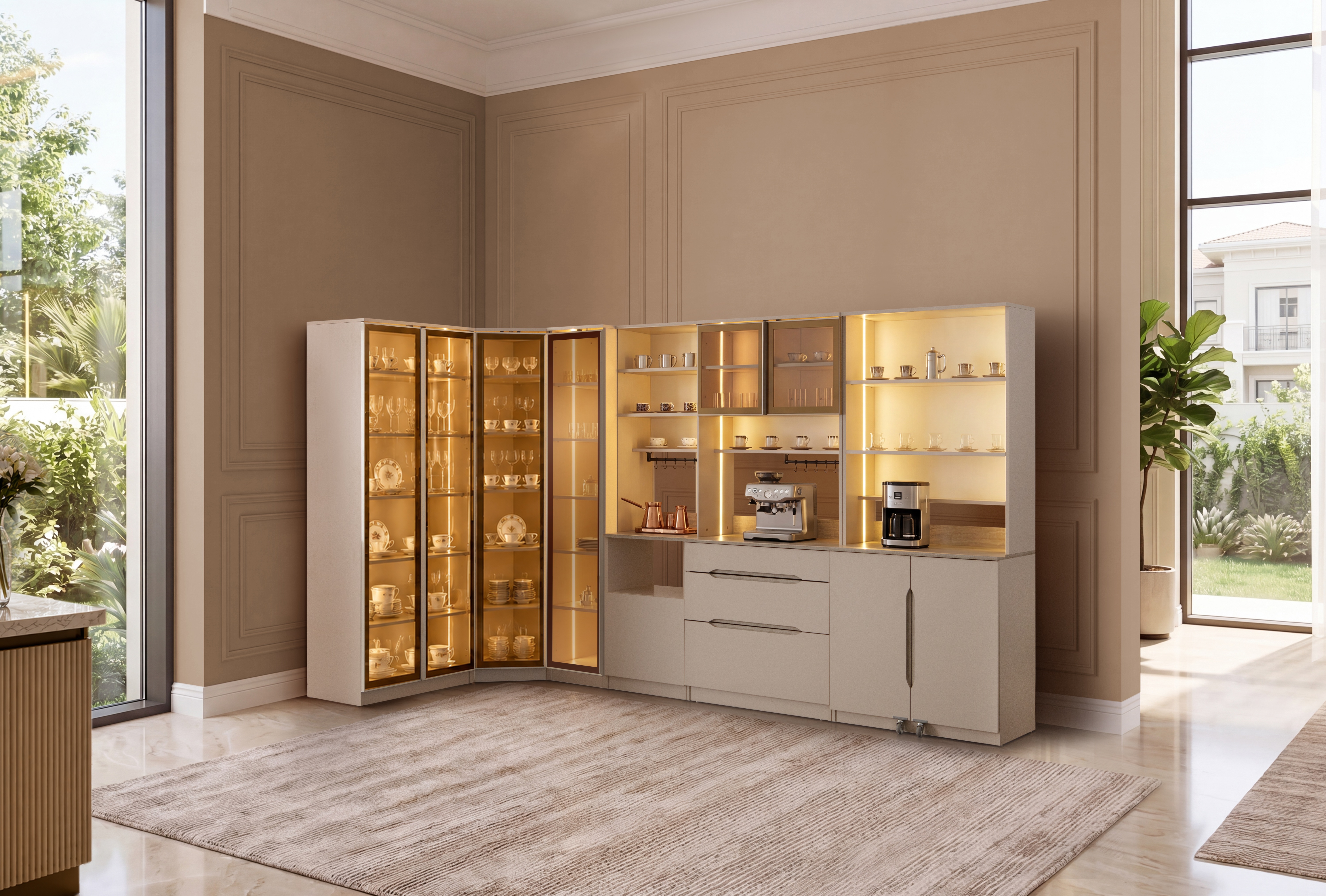 Linda Kahve Köşesi %100 MDF Mutfak Dolabı Camlı Çok Amaçlı Dolap Köşe Tam Set Çekmece Modüllü Ledli Raflı 6 modüllü