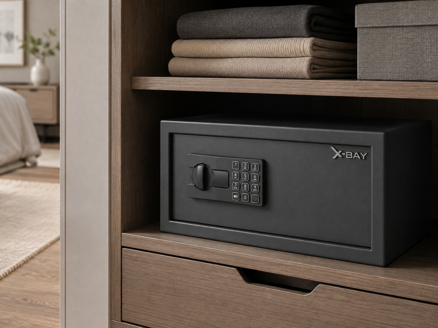 X-Bay XB-2043 çelik kasa evde dolap içinde kullanım görünümü