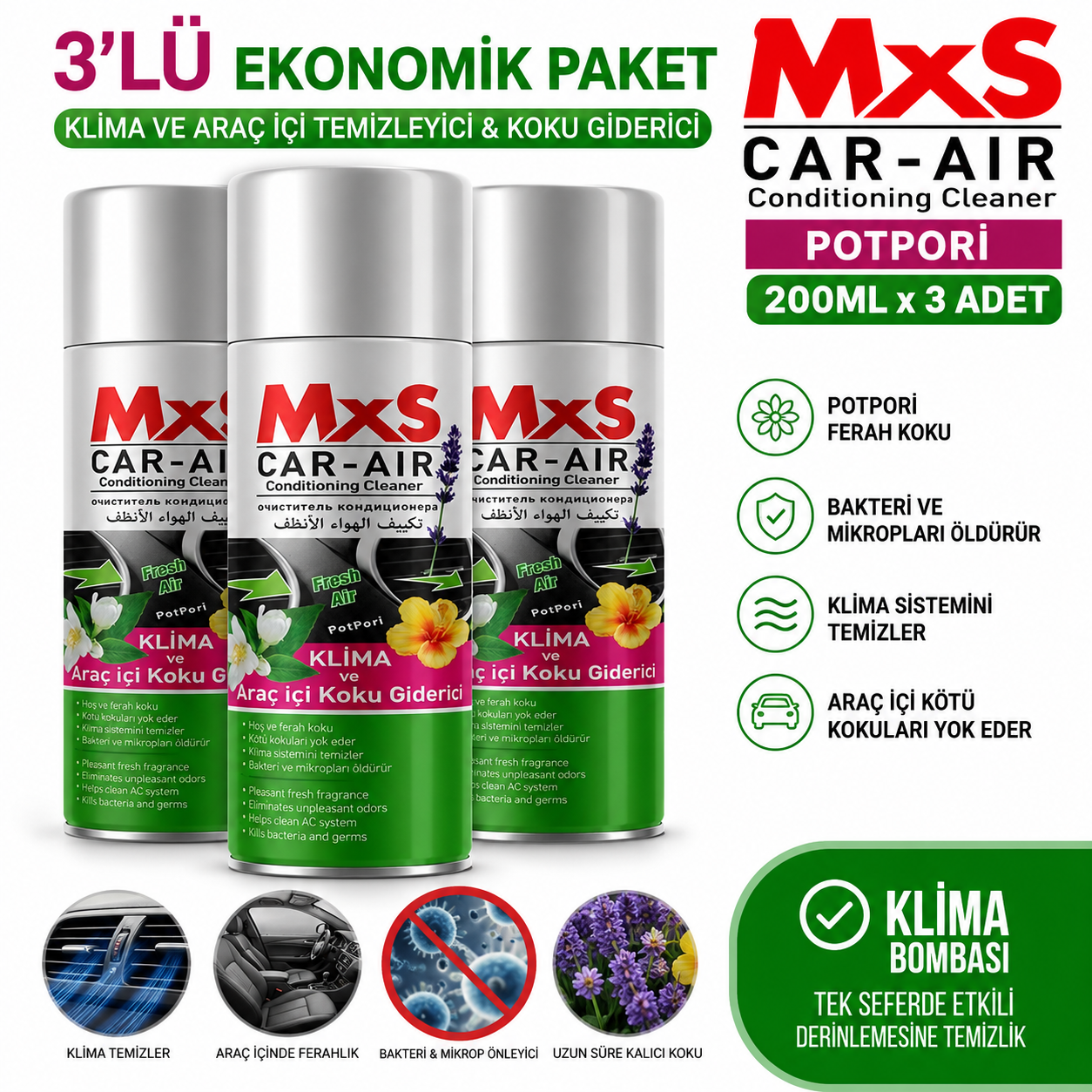 MxS Car-Air 3'lü Potpori Klima Bombası 200 ml MxS Car-Air 3'lü Klima Bombası Potpori 200 ml Araç İçi ve Klima Temizleyici Koku Giderici