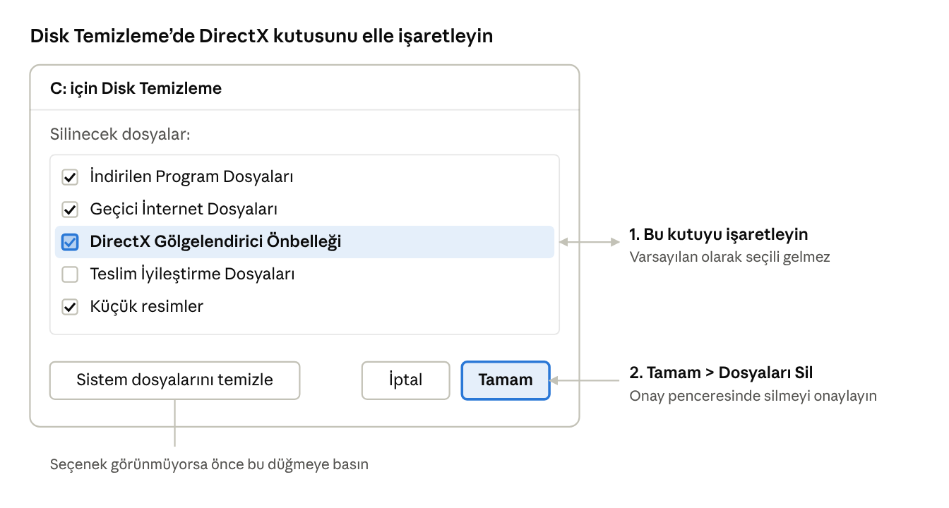 Disk Temizleme penceresinde DirectX Gölgelendirici Önbelleği kutusunun işaretlenmesi