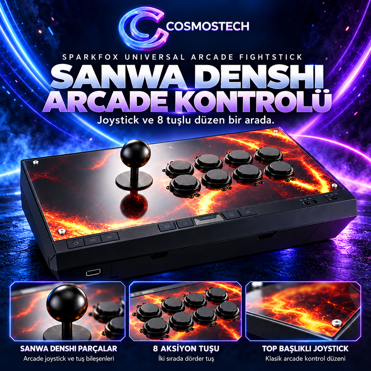 Cosmostech Spark Universal Arcade Fightstick Sanwa Denshi Arcade Joystick – PC PS4 Xbox One Xbox Series X S Switch Uyumlu 3.…